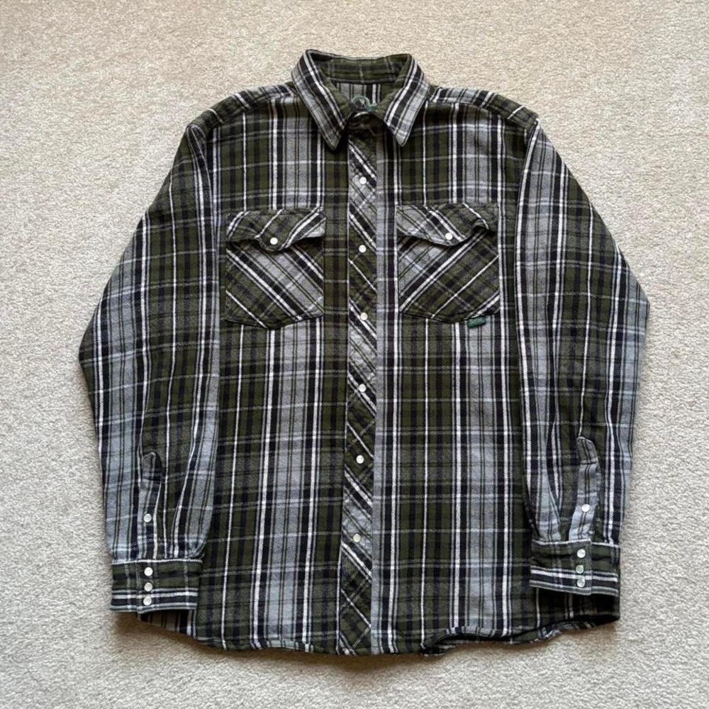 Berne Apparel Western Plaid Pearl Snap Flannel Green Cottage Core Large‎